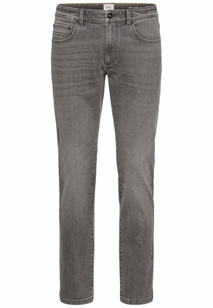 Relaxed-fit gray denim jeans with five pockets, a zip fly, and subtle fading. The fabric is soft with a smooth texture.