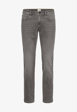 Relaxed-fit grijze denimjeans met vijf zakken, een ritssluiting en subtiele vervaging. De stof is zacht met een gladde textuur.