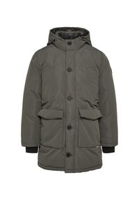 Gevoerde parka in olijfgroen, met een capuchon, knopenlijst, twee zijzakken en geribbelde manchetten voor een snug fit.