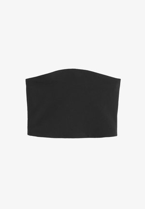 Mustat olkaimettomat bandeau-topit, jotka on valmistettu sileästä kankaasta. Ne sisältävät yksinkertaisen, koristamattoman muotoilun, jossa on käyrä yläreuna ja suora alaosa.