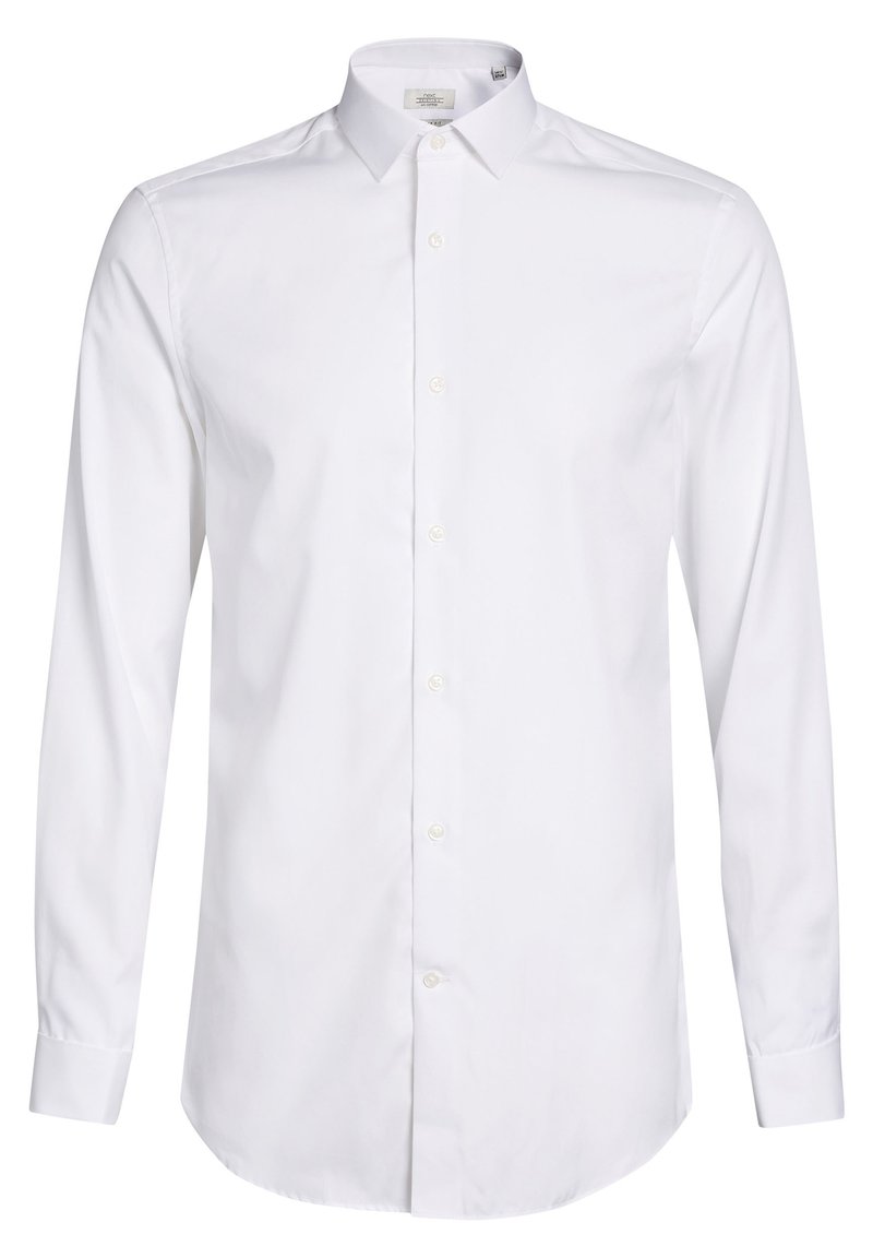 Chemise blanche à manches longues en coton, avec un col boutonné, une patte de boutonnage à six boutons à l'avant et des poignets à boutons. Texture lisse.