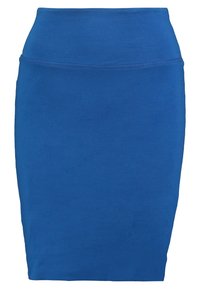 Jupe crayon bleue en tissu doux et extensible, dotée d'une taille haute et d'une texture lisse. Conception simple et unie sans motifs.