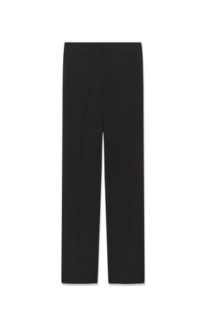 Czarne, dopasowane spodnie z prostymi nogawkami, dwoma bocznymi kieszeniami, szlufkami na pasek i gładką fakturą materiału. Posiadają starannie wykończony pas dla schludnego efektu.