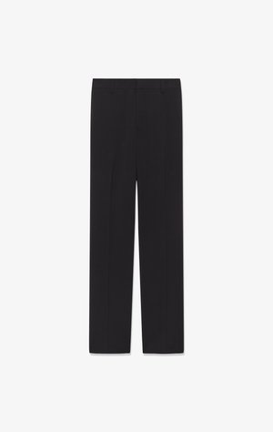 Fekete, egyenes szárú, szabott nadrág kétoldali zsebbel, övhurkokkal és sima anyagú szövettel. Rendezett derékrészt kínál a tiszta megjelenés érdekében.