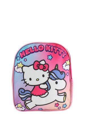 Sac à dos rose avec Hello Kitty chevauchant une licorne blanche à crinière bleue, entourée d’étoiles et de nuages sur un fond dégradé.