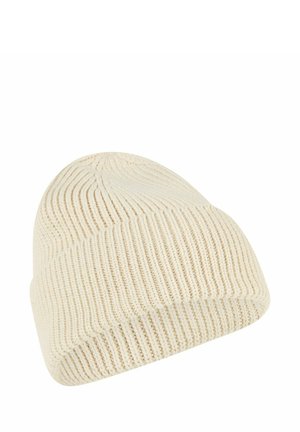 Knit beanie in off-white, featuring a ribbed texture and a cuffed edge. Soft material with a rounded top design.