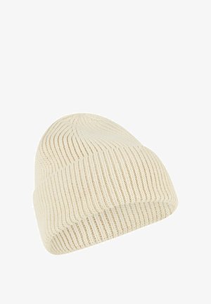 Knit beanie in off-white, featuring a ribbed texture and a cuffed edge. Soft material with a rounded top design.