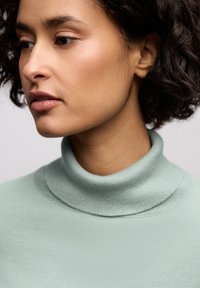 Světlé zelené žebrované rolákové tričko s hladkou texturou, vybavené vysokým límcem a přiléhavým střihem, který zvýrazňuje linii krku.