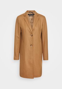 Bruine wolmix jas met een geknipte revers, twee knopen, zijzakken en een rechte snit. Gladde textuur en minimale afwerkingen.