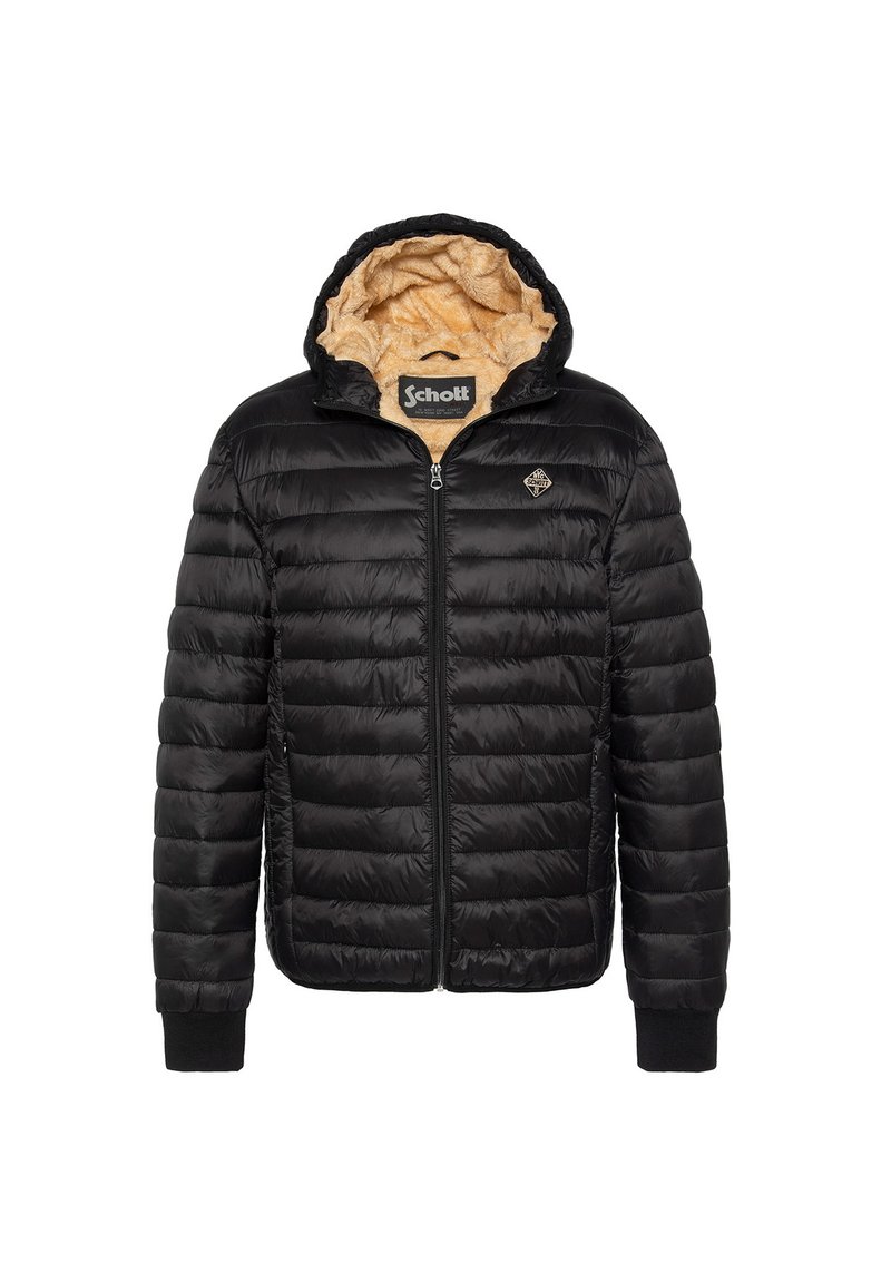 Chaqueta tipo puff negra con cierre frontal, capucha, puños acanalados y forro de pelaje marrón claro. Presenta un pequeño logo en el pecho.