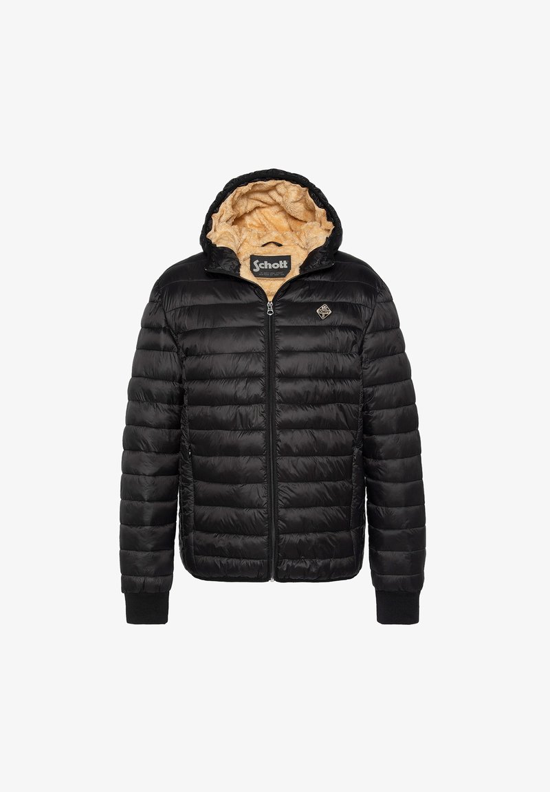Chaqueta tipo puff negra con cierre frontal, capucha, puños acanalados y forro de pelaje marrón claro. Presenta un pequeño logo en el pecho.
