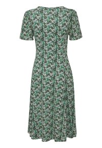 Robe fleurie avec un col rond, des manches courtes et une jupe jusqu'aux genoux. Motif floral vert, bleu et blanc sur un fond clair.