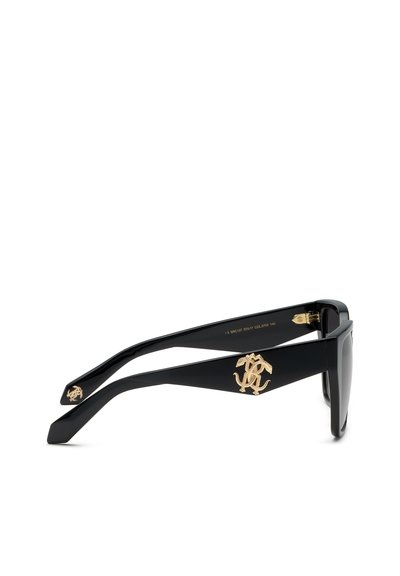 Lunettes de soleil rectangulaires noires avec des branches épaisses, ornées d’embellissements de logo dorés entrelacés sur les branches et les extrémités des branches.