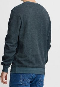 Felpa verde scuro con tessuto testurizzato, colletto rotondo e polsini a coste. Abbinata a jeans blu. Presenta un design leggermente aderente.