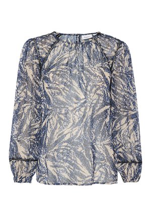 Sheer blouse in blue and cream floral pattern, featuring long sleeves with elastic cuffs, and a round neckline with delicate trim details.