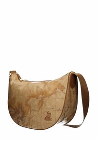 Borsa a spalla con design di mappa del mondo in tonalità beige e marrone. Texture liscia, forma rotonda e tracolla regolabile. Dettagli in oro.