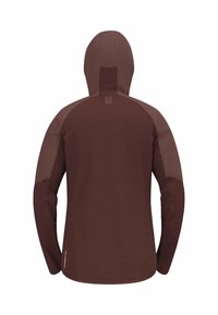 Veste capuche rouge-brun avec un corps texturé et des manches lisses, présentant un motif en grille sur le dos. Design léger et ajusté.