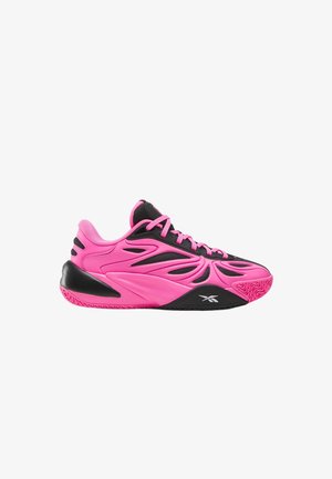 Bright pink and black athletic sneaker with sculpted overlays, pink laces, and textured sole, viewed from the side on a white background.