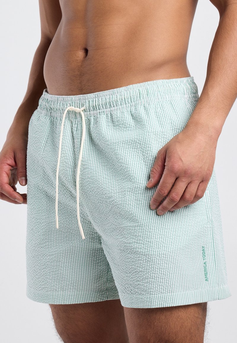Torso masculin portant un short de bain rayé vert clair et blanc avec un cordon de serrage, montrant la section médiane et les mains reposant sur les côtés.