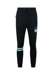 Zwarte joggingbroek met een tailleband met trekkoord, voorzien van lichtblauwe strepen en een logo met drie sterren op het bovenbeen.