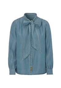 Lys blå denimskjorte med en butterfly ved kraven, lange ærmer, knaplukning og rynkede manchetter. Har kontraststing.