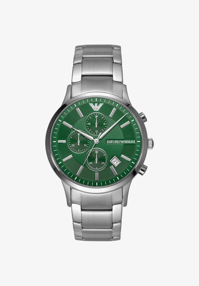 Silberne Metallarmbanduhr mit grünem Zifferblatt, drei Hilfszifferblättern, Datumsfenster bei 4 Uhr und Emporio Armani Logo auf dem Zifferblatt.