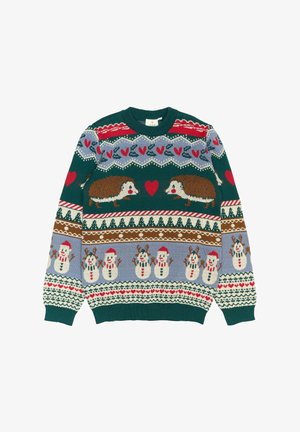 Strickpullover mit Mustern von Igeln, Schneemännern und Rentieren in Grün, Rot, Blau und Weiß. Runder Ausschnitt, gerippte Ärmelbündchen und Saum.