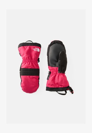 Rote und schwarze isolierte Handschuhe mit wasserabweisendem Äußeren, elastischen Bündchen und schwarzer Lederhandfläche. Mit "The North Face"-Logo und "DryVent"-Label.