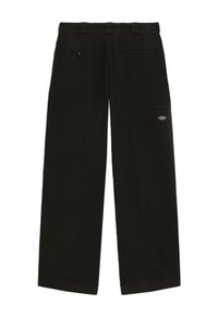 Pantaloni neri a gamba dritta con passanti per cintura, due tasche posteriori e una tasca laterale con zip con una piccola patch logo.