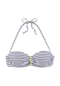 Zwart-wit gestreepte bikini top met een geplooid ontwerp en gele gevlochten accent in het midden, voorzien van verstelbare strikbanden.