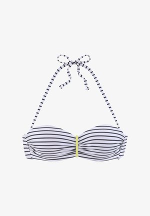 Gestreifter Bikini-Top in Schwarz und Weiß mit einem gerafften Design und gelben geflochtenen Akzenten in der Mitte, ausgestattet mit verstellbaren Bindeträgern.