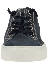 Navy blue leather sneaker with white rubber sole, round toe, and metallic eyelets. Features dark laces and contrasting white stitching.