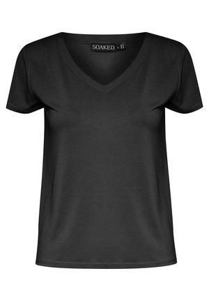 Schwarzes V-Ausschnitt-T-Shirt aus weichem Stoff mit kurzen Ärmeln. Es zeichnet sich durch einen lockeren Schnitt und dezente Steppnähte entlang der Kanten aus.