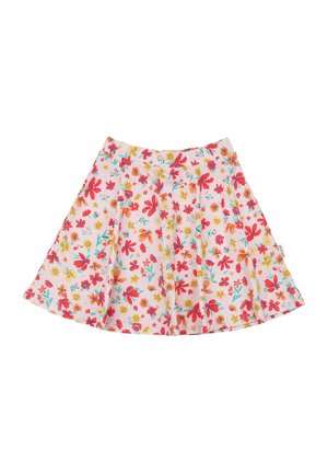 Flared pink skirt with colorful red, orange, yellow, and teal floral pattern, elastic waistband, lightweight fabric.