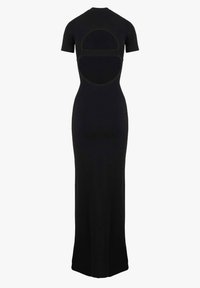 Czarna dopasowana sukienka z krótkimi rękawami, z okrągłym wycięciem z tyłu i gładkim, elastycznym materiałem. Długa, prosta sylwetka.