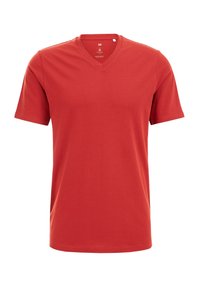 Röd bomullströja med v-ringad hals, korta ärmar och avslappnad passform. Slät textur, inga mönster eller detaljer. Storleks M-tag synlig på insidan.