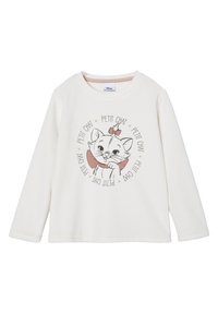 White long-sleeve sweatshirt featuring a cartoon cat graphic, soft texture, round neckline, and light colors with surrounding text.
