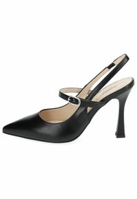 Tacco a stiletto in pelle nera con punta affilata, lati aperti e una cinghia alla caviglia regolabile con una fibbia argentata.