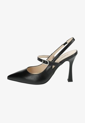 Black leather slingback heel with pointed toe, open sides, and an adjustable ankle strap featuring a silver buckle. Stiletto heel design.