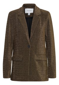 Brauner glitzernder Blazer mit einer einzigen Knopfverschluss, Reverskragen, zwei vorderen Taschen und einem glatten Innenfutter. Enthält metallische Fasern.