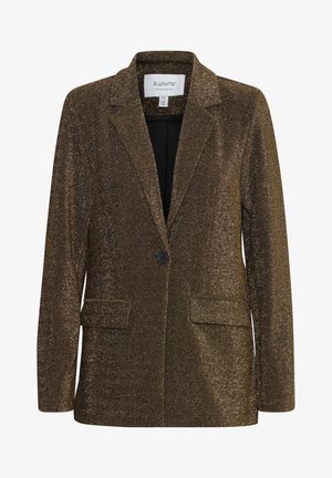 Blazer marrón brillante con cierre de un solo botón, solapa muescada, dos bolsillos frontales y un forro interior suave. Contiene fibras metálicas.