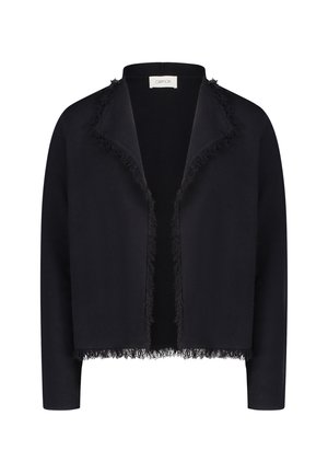 Cardigan noir en tissu doux, avec un devant ouvert, des manches longues et un ourlet frangé sur les bords. Aucun bouton ni fermeture n'est visible.