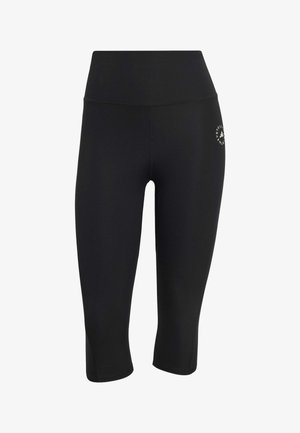 Sorte, højtaljede korte leggings med slank pasform og lille hvid cirkulær logo på øverste venstre lår.