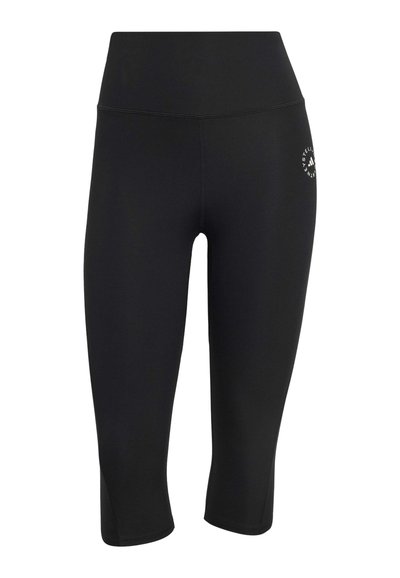 Sorte, højtaljede korte leggings med slank pasform og lille hvid cirkulær logo på øverste venstre lår.