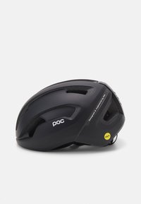 Casco da ciclismo nero con molteplici prese d'aria aerodinamiche, adesivo della tecnologia MIPS e un design a profilo basso. Presenta il logo del marchio in bianco.