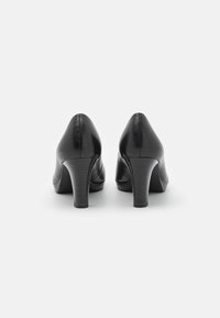 Paire de chaussures à talons hauts en cuir noir vues de dos sur une surface blanche unie.