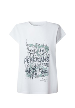 Bílá bavlněná trička s krátkými rukávy s květinovým a textovým designem v černé a zelené barvě, včetně "Pepe Jeans London."