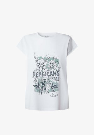 Bijela pamučna majica kratkih rukava s cvjetnim i tekstualnim dizajnom u crnoj i zelenoj boji, uključujući "Pepe Jeans London."
