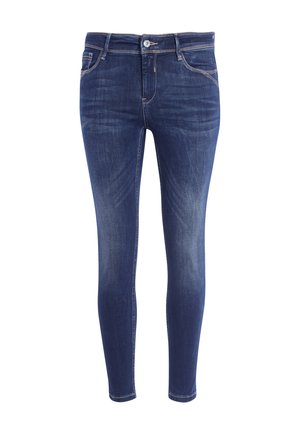 Skinny jeans van donkerblauwe denim met een gladde textuur, voorzien van een gesloten knoop aan de voorkant, riemlussen en een traditionele vijf-pocket ontwerp.