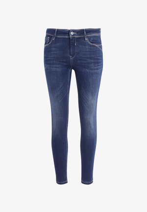 Chude dżinsy z ciemnoniebieskiego denimu o gładkiej fakturze, z zapięciem na guzik z przodu, szlufkami na pasek oraz tradycyjnym pięciopocketowym wzorem.